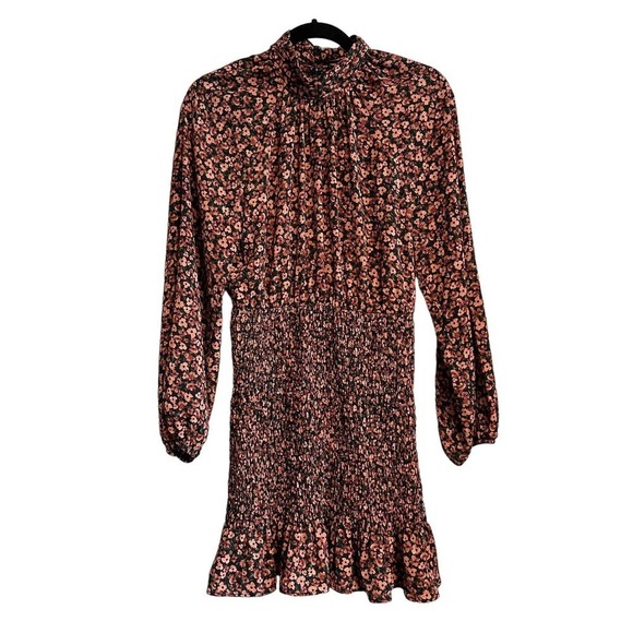 Zara Dark Floral Smocked High Neck Long Sleeve Ruffle Hem Mini Dress Size M - Picture 1 of 13